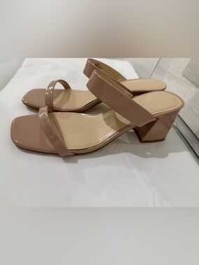 Nine West "Riza" Women’s Blush Patent Double-Strap Block Low Heel Sandals - 9.5